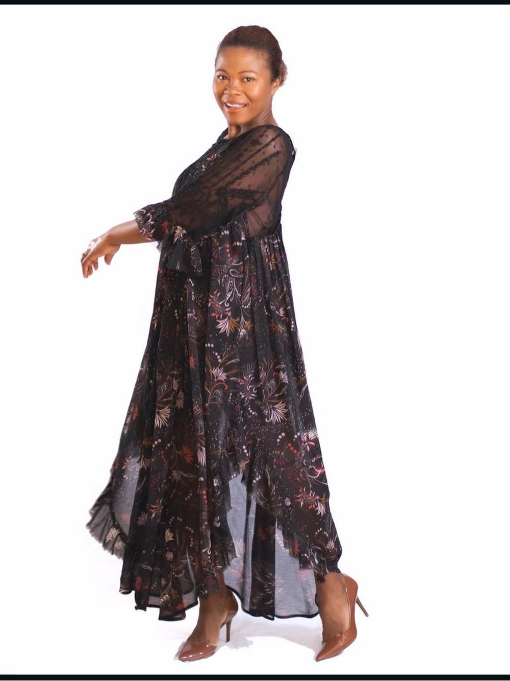 Free People Black Floral Maxi Dress with Lace Sleeves